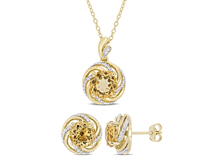 Citrine, White Topaz and Diamond Yellow Plated Sterling Silver Earrings and Pendant Set 5.98ctw