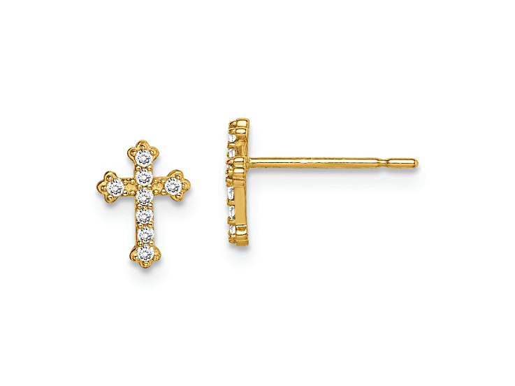 14k Yellow Gold Children's Cubic Zirconia Cross Stud Earrings