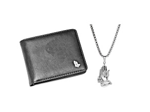 Black Leather Praying Hands Wallet and Praying Hands Pendant Set