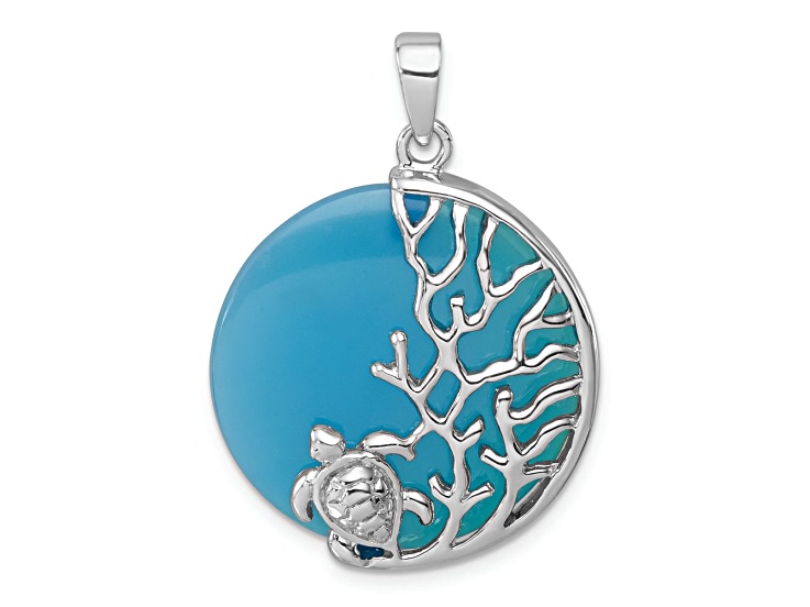 Sterling Silver Blue Agate Turtle and Reef Round Pendant Sterling Silver Blue Agate Turtle and Reef Round Pendant