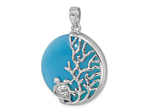 Sterling Silver Blue Agate Turtle and Reef Round Pendant Sterling Silver Blue Agate Turtle and Reef Round Pendant