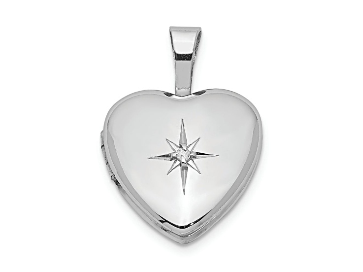 Rhodium Over Sterling Silver and Diamond Star Polished 12mm Heart Locket