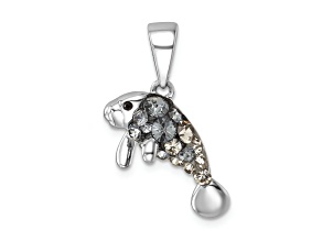 Rhodium Over Sterling Silver Polished Crystal Manatee Pendant