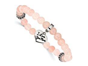 Stainless Steel Antiqued and Polished Pink Jade LOVE YOU Stretch Bracelet
