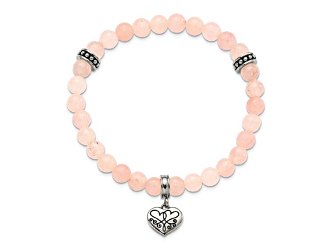 Stainless Steel I Love You More Heart Pink Jade Beaded Stretch Bracelet Stainless Steel I Love You More Heart Pink Jade Beaded Stretch Bracelet