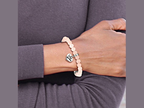 Stainless Steel I Love You More Heart Pink Jade Beaded Stretch Bracelet Stainless Steel I Love You More Heart Pink Jade Beaded Stretch Bracelet