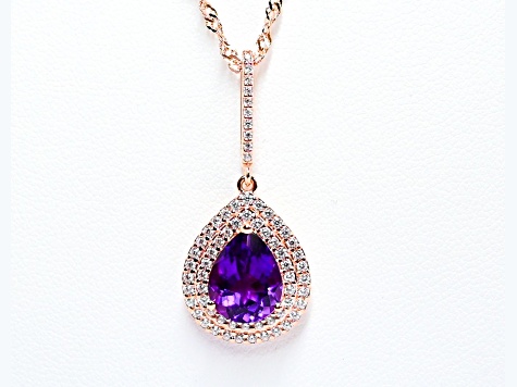 Pear Amethyst and Cubic Zirconia 18K Rose Gold Over Sterling Silver Pendant with chain, 2.42ctw