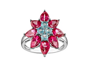 Pink Topaz and Swiss Blue Topaz Sterling Silver Floral Ring 2.92ctw