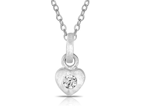 Clear Cubic Zirconia, Rhodium Plated Sterling Silver Brushed Bezel Set Heart Shape Pendant