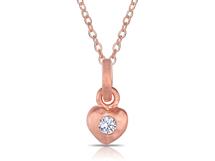 Clear Cubic Zirconia, 18k Rose Gold Plated Sterling Silver Brushed Bezel Set Heart Shape Pendant