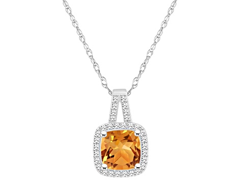 7mm Cushion Citrine 1/6 ctw Diamond Rhodium Over Sterling Silver Halo Pendant with Chain