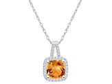 7mm Cushion Citrine 1/6 ctw Diamond Rhodium Over Sterling Silver Halo Pendant with Chain