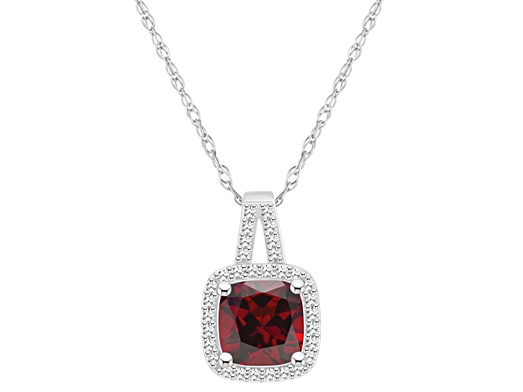 7mm Cushion Garnet 1/6 ctw Diamond Rhodium Over Sterling Silver Halo Pendant with Chain