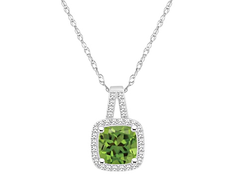 7mm Cushion Peridot 1/6 ctw Diamond Rhodium Over Sterling Silver Halo Pendant with Chain