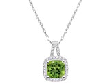 7mm Cushion Peridot 1/6 ctw Diamond Rhodium Over Sterling Silver Halo Pendant with Chain