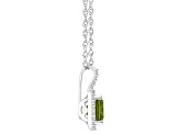 7mm Cushion Peridot 1/6 ctw Diamond Rhodium Over Sterling Silver Halo Pendant with Chain