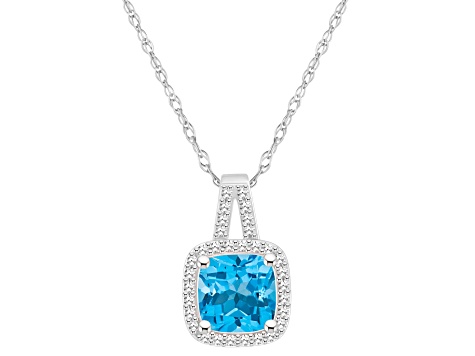 7mm Cushion Blue Topaz 1/6 ctw Diamond Rhodium Over Sterling Silver Halo Pendant with Chain