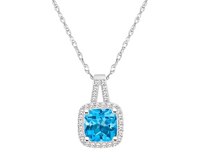7mm Cushion Blue Topaz 1/6 ctw Diamond Rhodium Over Sterling Silver Halo Pendant with Chain