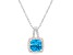 7mm Cushion Blue Topaz 1/6 ctw Diamond Rhodium Over Sterling Silver Halo Pendant with Chain