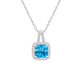 7mm Cushion Blue Topaz 1/6 ctw Diamond Rhodium Over Sterling Silver Halo Pendant with Chain