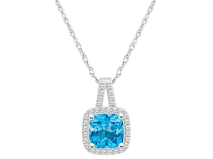 7mm Cushion Blue Topaz 1/6 ctw Diamond Rhodium Over Sterling Silver Halo Pendant with Chain