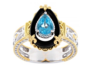 Blue Paraiba Color Topaz Rhodium & 24k Yellow Gold Over Palladium Sterling Silver Ring 0.90ct