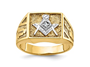 10K Two-tone Yellow and White Gold Textured Diamond Blue Lodge Masonic Ring