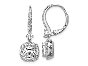 Picture of Rhodium Over Sterling Silver Cushion-cut Cubic Zirconia Halo Dangle Leverback Earrings