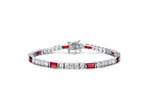 Ruby Red & White Cubic Zirconia, Rhodium Plated over Sterling Silver Tennis Bracelet