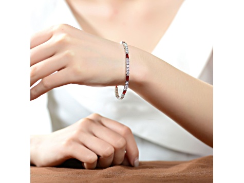 Ruby Red & White Cubic Zirconia, Rhodium Plated over Sterling Silver Tennis Bracelet