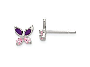 Sterling Silver Pink CZ and Purple Enamel Butterfly Children's Post Earrings