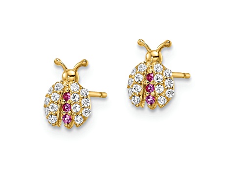 14K Yellow Gold Clear and Red Cubic Zirconia Lady Bug Post Earrings