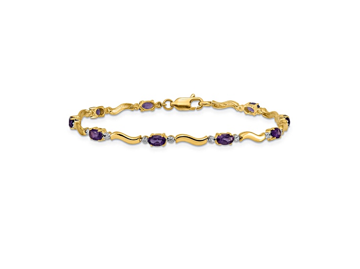 14k Yellow Gold and Rhodium Over 14k Yellow Gold Diamond and Amethyst Bracelet