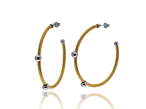 Stainless Steel and 18K White Gold Hoop Earrings