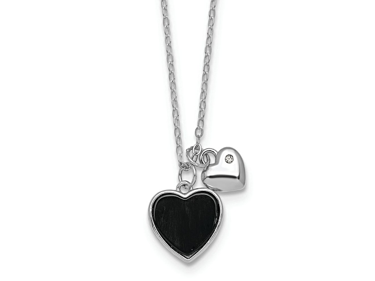 Rhodium Over Sterling Silver Onyx Cubic Zirconia Hearts 14-inch with 3-inch Ext. Children's Necklace