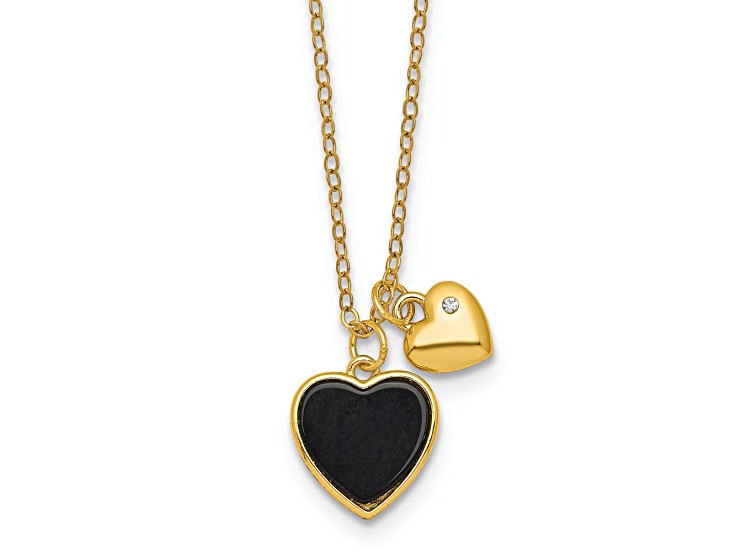 10K Yellow Gold Over Sterling Silver Onyx Cubic Zirconia Hearts 14" w/ 3" Ext. Children's Necklace