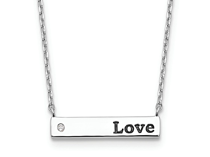 Rhodium Over Sterling Silver Cubic Zirconia LOVE Enamel Bar with 2-inch Extension Necklace