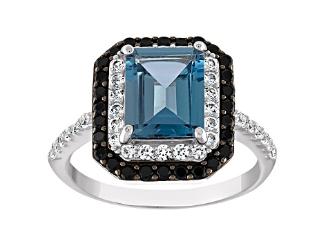 Sterling Silver Swiss Blue Topaz, Black Spinel and Lab Created White Sapphire Ring 3.25ctw