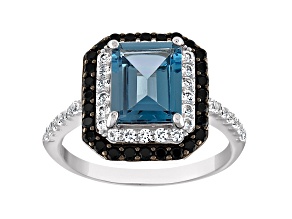 Sterling Silver Swiss Blue Topaz, Black Spinel and Lab Created White Sapphire Ring 3.25ctw