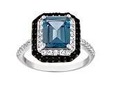 Sterling Silver Swiss Blue Topaz, Black Spinel and Lab Created White Sapphire Ring 3.25ctw