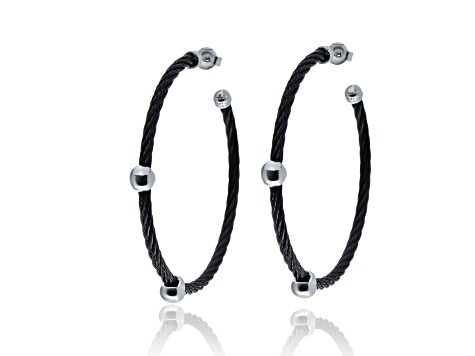 Stainless Steel and 18K White Gold Hoop Earrings