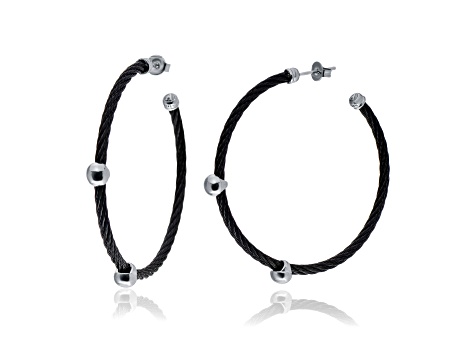 Stainless Steel and 18K White Gold Hoop Earrings