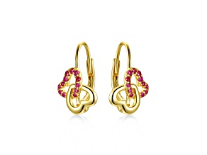 Ruby Red Cubic Zirconia, 14k Gold Plated over Sterling Silver Double Heart Leverback Earrings