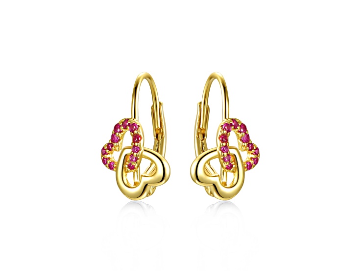 Ruby Red Cubic Zirconia, 14k Gold Plated over Sterling Silver Double Heart Leverback Earrings
