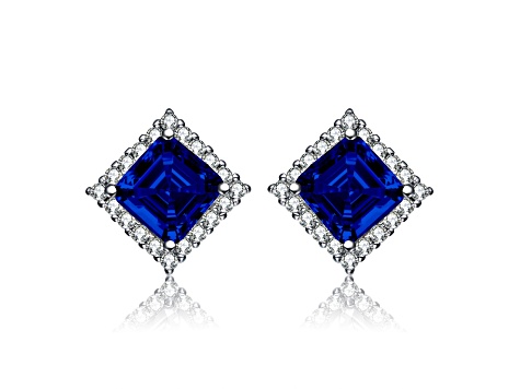 Sapphire Blue Cubic Zirconia, Rhodium Plated over Brass Square Stud Earrings