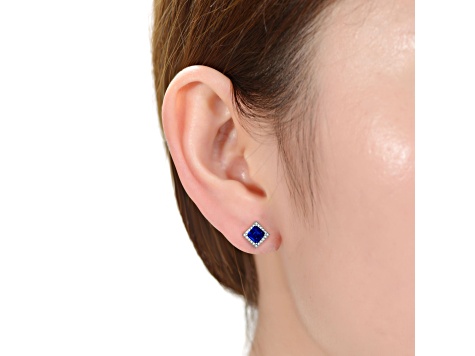 Sapphire Blue Cubic Zirconia, Rhodium Plated over Brass Square Stud Earrings