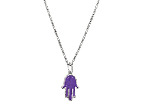 Judith Ripka Purple Enamel Hamsa Hand Rhodium Over Sterling Silver Necklace