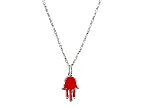 Judith Ripka Red Enamel Hamsa Hand Rhodium Over Sterling Silver Necklace