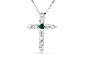0.18ctw Emerald and Diamond Cross Pendant in 14k White Gold