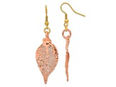 Copper Dipped Evergreen Leaf Gold Tone Shepherd Hook Earrings